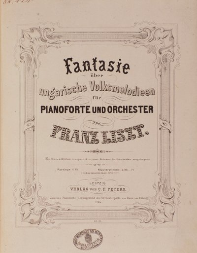 弗朗茨·李斯特 (1811-1886) 乐谱“钢琴与管弦乐队的幻想”的卷首曲，19 世纪博洛尼亚，民间音乐博物馆 作者 未知艺术家