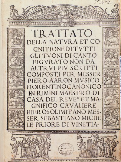 皮特罗-阿隆的《自然与认知》（Trattato della natura e Cognizione di tutti gli duoni di canto figurato）的正面插图或标题页 作者 未知艺术家