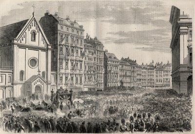 墨西哥皇帝马克西米利安一世（1832-1867）的葬礼：送葬队伍抵达维也纳卡普钦教堂前。载于 "辉煌的世界 "的雕刻作品 作者 未知艺术家