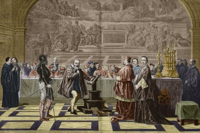 伽利略（Galileo Galilei）在梵蒂冈的神圣办公室（Holy Office）的宗教裁判所前（1632年）。根据Robert-Fleury Joseph Nicolas（1797-1890）的画作雕刻。 作者 未知艺术家