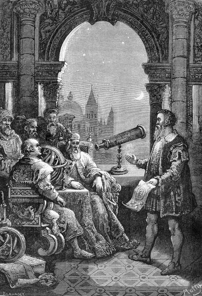 伽利略·伽利略 (Galileo) 在威尼斯总督展示首个天文表圈。 作者 未知艺术家