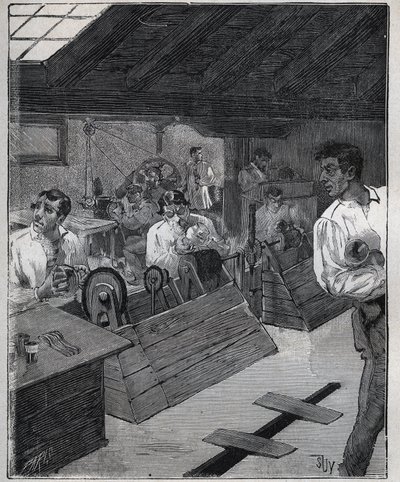 电镀：用刮刀对黄金珠宝进行刮磨。1885年阿道夫-比塔尔在 "Les arts et metiers illustrstres "中的版画。 作者 未知艺术家