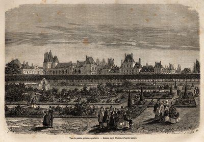 从地板上拍摄的枫丹白露宫殿和花园的全景。 M.Pays 于 1867 年在“Le tour du monde, nouveau journal des voyages”中对枫丹白露城堡和森林的描述进行了雕刻说明 作者 未知艺术家