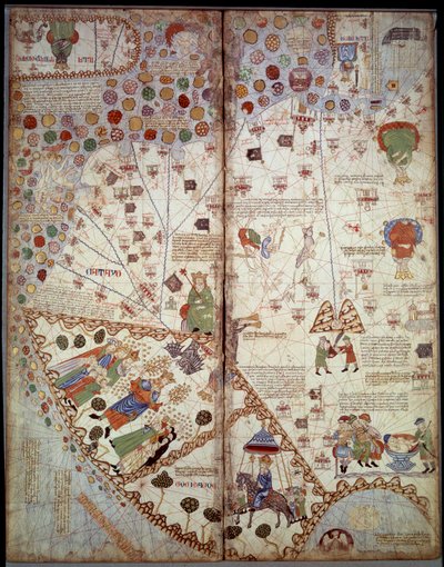 Geographic map: China, Ganges Valley, Sumatra, Ceylan. Catalan Atlas (Catalan map) (Spain). Manuscript of 1375 (Folio 2v - folio 3) by Abraham Cresques. BN, Paris 作者 未知艺术家