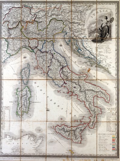 1850 年意大利的地理地图，其中划定了组成该国的不同州的边界。 作者 未知艺术家