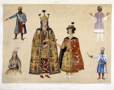 16 和 17 世纪的格鲁吉亚服装板：伊拉克利国王（1744 - 1798）、格奥尔基十世（1687）、查尔切瓦泽公主（1780 年叶卡捷琳娜二世时期格鲁吉亚驻圣彼得堡大使）、玛丽王后（明格列的达迪安之女） 儿子奥提亚 1 作者 Unknown artist