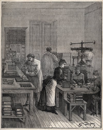 19世纪法国一家工场用铁器给书籍（封面）镀金。1885年阿道夫-比塔尔（Adolphe BITARD）在 "Les arts et metiers illustrstres "中的雕版画。 作者 未知艺术家