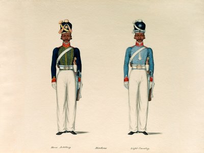 马德拉斯骑马炮兵Golundauz；和索瓦尔，马德拉斯轻骑兵，约1835年。 作者 不明