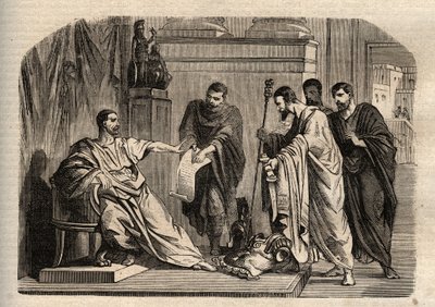 戈尔迪安一世（158-238）拒绝帝国尊严--戈尔迪安一世（Marcus Antonius Gordianus Sempronianus Romanus Africanus）拒绝帝国尊严--《杰出人物词典》中的雕刻--1864年--由Joseph Decembre和Edmond Allonier创作。 作者 未知艺术家