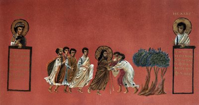圣马太福音》--耶稣战胜耶利哥的两个盲人的奇迹，19世纪根据希腊手稿绘制的雕刻版。 作者 Unknown artist