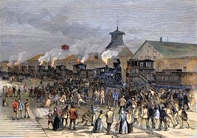 1877年的铁路大罢工，在西弗吉尼亚州马丁斯堡封锁了发动机 作者 未知艺术家