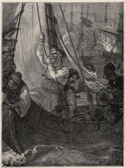 希腊独立战争 1821-1829年：康斯坦丁（Constantine）-卡纳里斯（Konstantinos Canaris）在基奥斯岛前烧毁土耳其舰队的旗舰 作者 Unknown artist