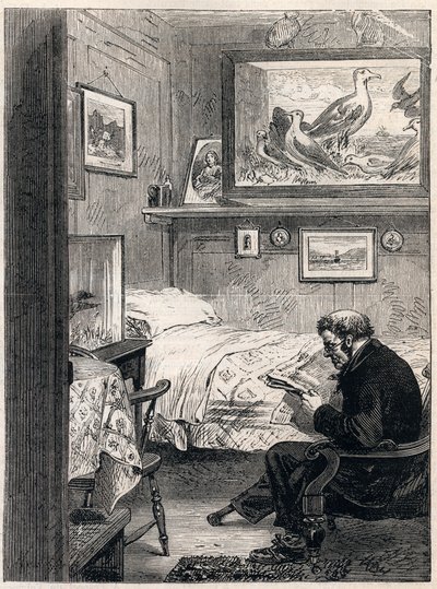 格林威治医院小屋皇家查尔斯病房--1865年雕刻的一个海军养老金领取者在他的退休宿舍（格林威治医院）------。 作者 未知艺术家