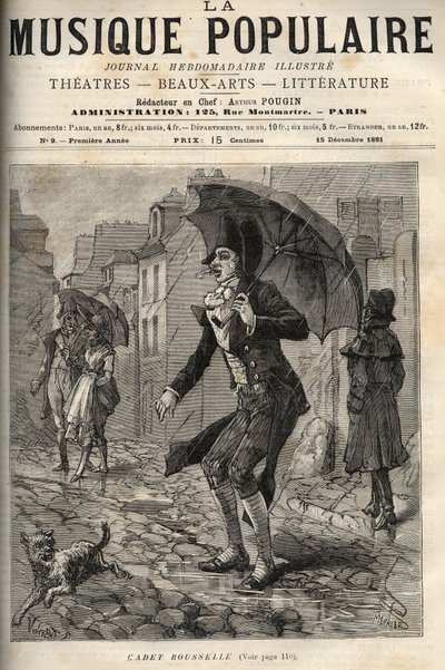 Guillaume Joseph Rousselle (Roussel), dit Cadet Rousselle (1743-1807), 法国法警，在巴黎街的雨中。"La musique populaire" Illustrée周报中的雕刻 - 1881年 作者 未知艺术家