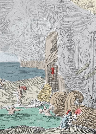 Hanged Iphis repulsed by Anaxarete. Detail of an illustration taken from book XIV of “” Metamorphoses”” (Metamorfosi) by Ovide (43 BC-17 AD). Engraving 1637 作者 未知艺术家