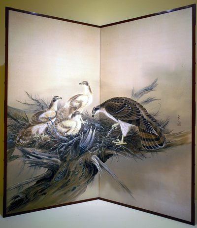 鹰、巢和断树（绢本水墨和色彩） 作者 未知艺术家