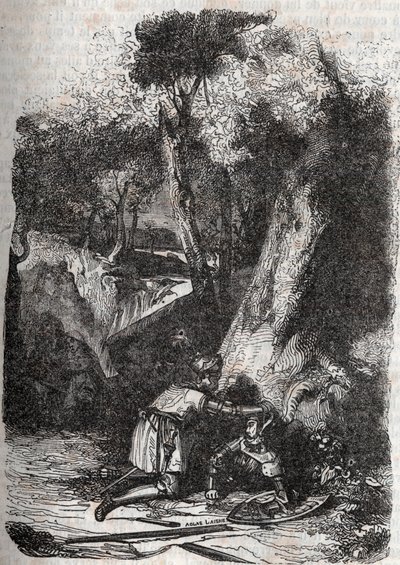 赫尔莫尼德被掀翻并被泽宾救起--1851年的雕刻，出自路多维科-阿里奥斯托的《愤怒的罗兰》（Orlando furioso）（16世纪），被称为阿里奥斯塔--由特雷桑伯爵从意大利语翻译的版本，1851年由古斯塔夫-哈佛出版。 作者 未知艺术家