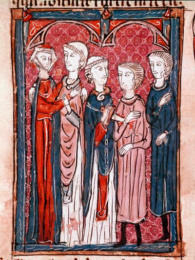 规范法的历史：“订婚场景”” 取自 1140 年的“Decret de Gratien”（“Concordia discordantium canonum”或“Decretum Gratiani”）的缩影，用于规范罗马天主教会的法律和教规。 13 世纪 Laon, Mun 作者 未知艺术家