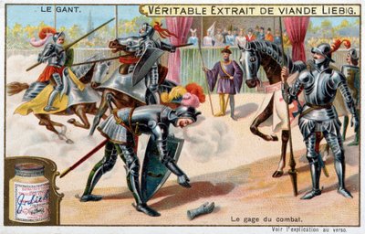 手套的历史：扔手套，骑士比赛中的战斗誓言 - Liebig chromolithography 作者 未知艺术家