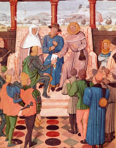 百年战争：“”查理七世 (1403-1461) 向圣女贞德 (1412-1431) 赠送一份文件“” 来自 Bueil 的约翰五世 (1406-1477) 手稿“Le Jouvencel”的缩影，同伴 圣女贞德，报告奥尔良围攻。 1461-1468 皇家图书馆员 作者 未知艺术家