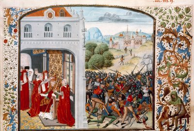 百年战争：“”教皇格雷瓜尔十一世（1329-1378）于 1370 年为阿维尼翁加冕。1370 年 4 月 12 日法国和英国之间的蓬瓦兰之战“”Jean Froissart（1337-1400）的“编年史”缩影 15世纪的巴黎。 BN 作者 未知艺术家