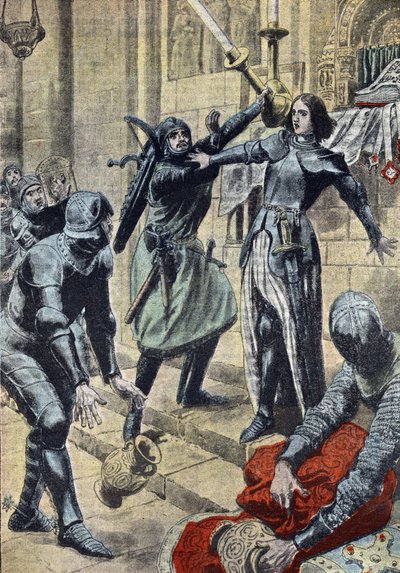 百年战争："法国女英雄圣女贞德（1412-1431 年）阻止查理二世-阿尔布雷特的士兵抢劫勃艮第 Nievre 的 Saint-Pierre-le-Moutier 教堂的画像，1429 年 11 月 4 日"（法国女英雄圣女贞德对抗查理二世-阿尔布雷特的士兵，1429 年 11 月 4 日）。 作者 未知艺术家