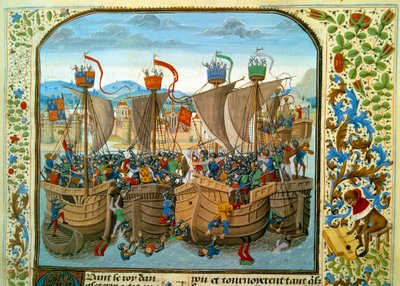 百年战争：“” 1340 年 6 月 20 日，荷兰 Sluis 海战，法国瓦卢瓦的菲利普六世对抗爱德华三世的英国人“”Jean Froissart 取自“编年史”的缩影 (1337-1400) 15 世纪。 巴黎。 BN 作者 未知艺术家