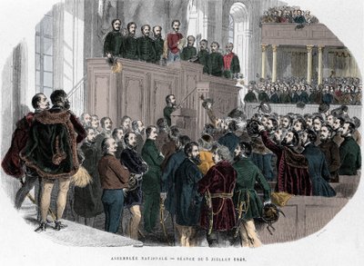 1848年的匈牙利革命。1848年7月5日匈牙利国民议会的第一次会议。雕刻在 "匈牙利历史 "中，作者J.Boldenyi，巴黎1853年"。 作者 未知艺术家