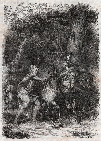 Hypalca Arreted by Rodomont--1851年雕刻自卢多维科-阿里奥斯托的《愤怒的罗兰》（Orlando furioso）（16世纪），被称为阿里奥斯托--由特雷桑伯爵从意大利语翻译的版本，由古斯塔夫-哈佛1851年出版。 作者 未知艺术家