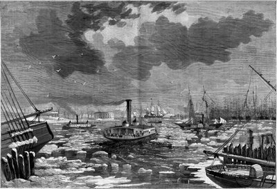 从东部河流看到的美国纽约（New York）的冰雪溃败。"图说宇宙 "中的雕版画 作者 未知艺术家