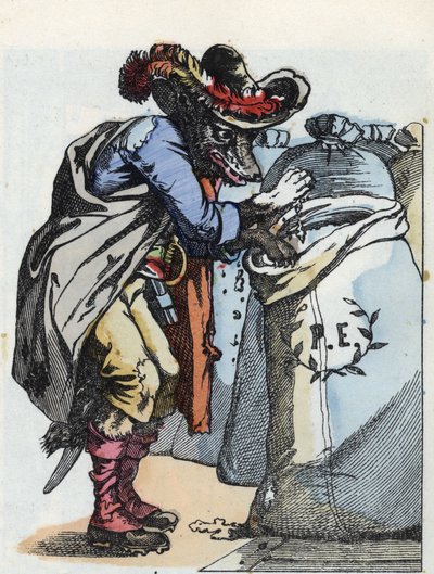 故事 "Compere le Loup, Maitre Renard, Comere la Chevre et ses petits biquets "的插图，根据Jean de la Fontaine的寓言故事改编。载于《小家伙们的家庭故事》。19世纪的匿名版画。 作者 未知艺术家