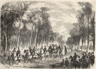 拿破仑三世（1808-1873）和欧也妮皇后（1826-1920）在贡比涅举行的帝国狩猎活动。1857年 "杰出世界 "中的版画。私人收藏。 作者 未知艺术家