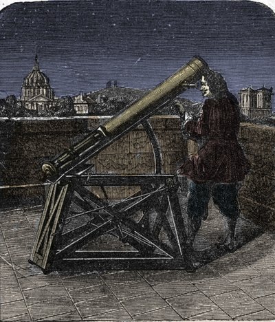 艾萨克牛顿 (1642-1727) 使用他的望远镜的英国物理学家。 作者 未知艺术家