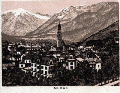 意大利蒂罗尔州：梅兰市（Merano）的景色。载于 "世界图解168景" 无日期（19世纪末）。 作者 未知艺术家