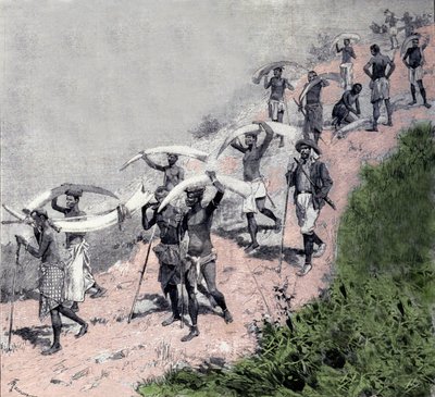 象牙贸易：刚果运货商队携带大象防御。19世纪的雕版画 作者 未知艺术家