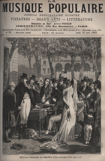 Jean Elleviou，法国歌手、喜剧演员和编剧(1769-1842)，1801年在香榭丽舍大街为一位盲人演唱 - "La musique populaire "周报中的雕刻 - 1882年 作者 未知艺术家
