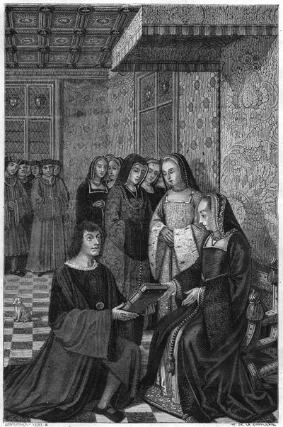 诗人让-马罗（1463-1526）向法国安妮女王献上一卷诗集。19世纪的雕版画。 作者 未知艺术家
