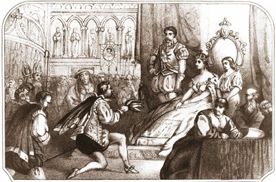 让-尼科向凯瑟琳-德-美第奇（Caterina de Medici）和洛林家族的大长老介绍烟草植物。16世纪 1868年左右的石版画。 作者 未知艺术家