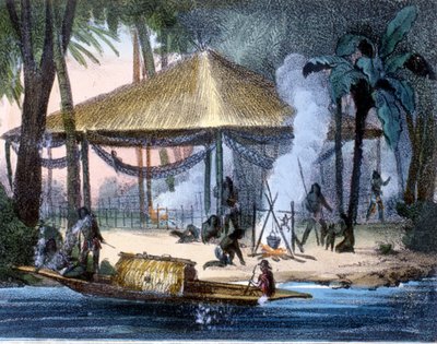 厄瓜多尔的吉瓦罗斯印第安人。 雕刻 1846-48。 作者 未知艺术家