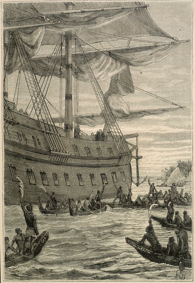 Journey of Samuel Wallis (1728-1795) to Polynesia: indigenous people holding banana branches in hand as a welcome greeting - illustration from “The Great Mariners of the 18th century”” 作者 未知艺术家