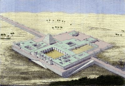 库尔萨巴德（伊拉克）。 公元前 722 年至公元前 705 年亚述国王萨尔贡二世宫殿的重建 19 世纪版画。 作者 未知艺术家