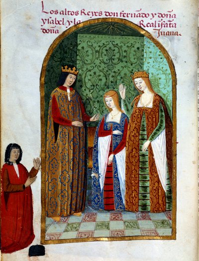 费迪南德二世国王，阿拉贡和西西里国王（1452 - 1516），琼，卡斯蒂利亚女王（1479 - 1555）和伊莎贝拉一世（被称为天主教徒），西班牙女王（1451 - 1504）。 “Devocionario de la Reyna Da Juana a Quien Llamaron la Loca”中的缩影 作者 未知艺术家