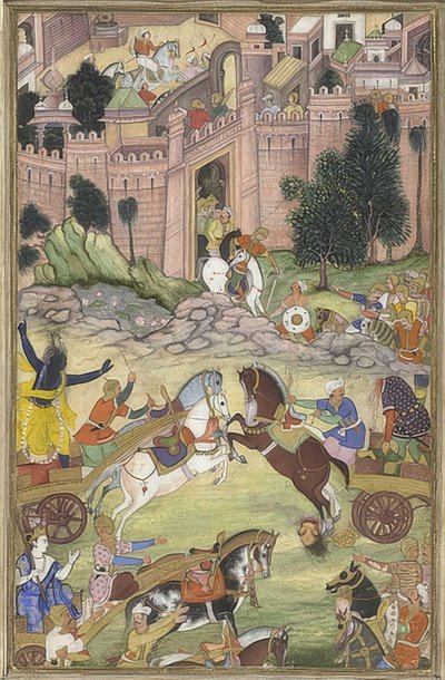 克里希纳（Krishna）杀死了恶魔Sri Gala（来自Harivamsa的场景）。约于1585-95年 作者 不明