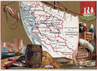 法国普瓦图夏朗德省的拉夏朗德因费尔。葡萄酒、白兰地、沙丁鱼、盐、藏红花、干鱼，约 1920 年 作者 未知艺术家