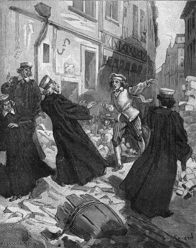 La Fronde（1648年8月27日）--巴黎的街垒：一个转子男孩威胁着议会主席马蒂厄-莫莱（1584-1656）。19世纪的雕版画。载于朱尔斯-米歇尔的《法国史》中 作者 未知艺术家