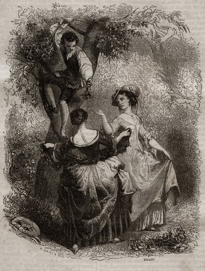 让-雅克（Jean Jacques）-卢梭（1712-1778）的 "La cueillette des cherries--忏悔录插图"--1849年的雕刻作品 作者 未知艺术家