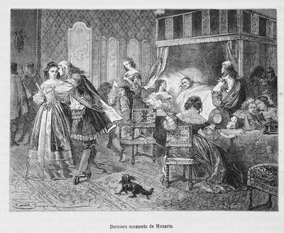 马扎林 (1602 - 1661) 的最后时刻。 亨利·马丁（Henri Martin）在“法国通俗史”中的插图。 作者 未知艺术家