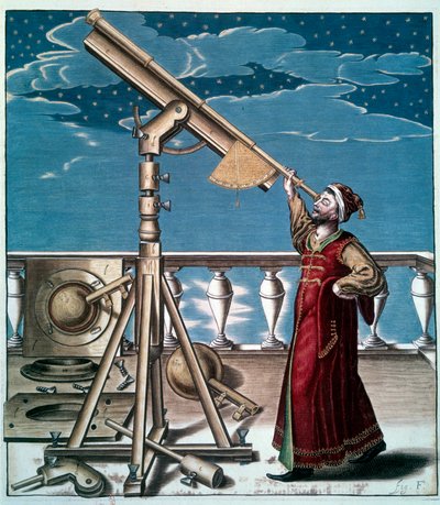 天文学家：一个人在天文表圈上观察星星 - 17 世纪的版画 - 法国巴黎 - 天文学家：一个人在望远镜中观察星星 - 版画 作者 未知艺术家