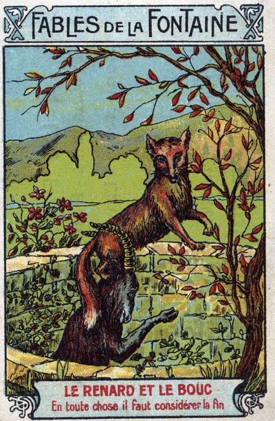 Le Fox et le Bouc - Jean de La Fontaine (1621-95)的寓言 - 19世纪末的色版画 私人收藏 作者 未知艺术家
