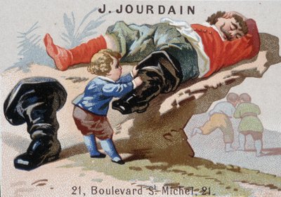 Le Petite Poucet 推出带有 asoupi ogre 的七联赛靴 - 广告标签 Jourdain 作者 未知艺术家